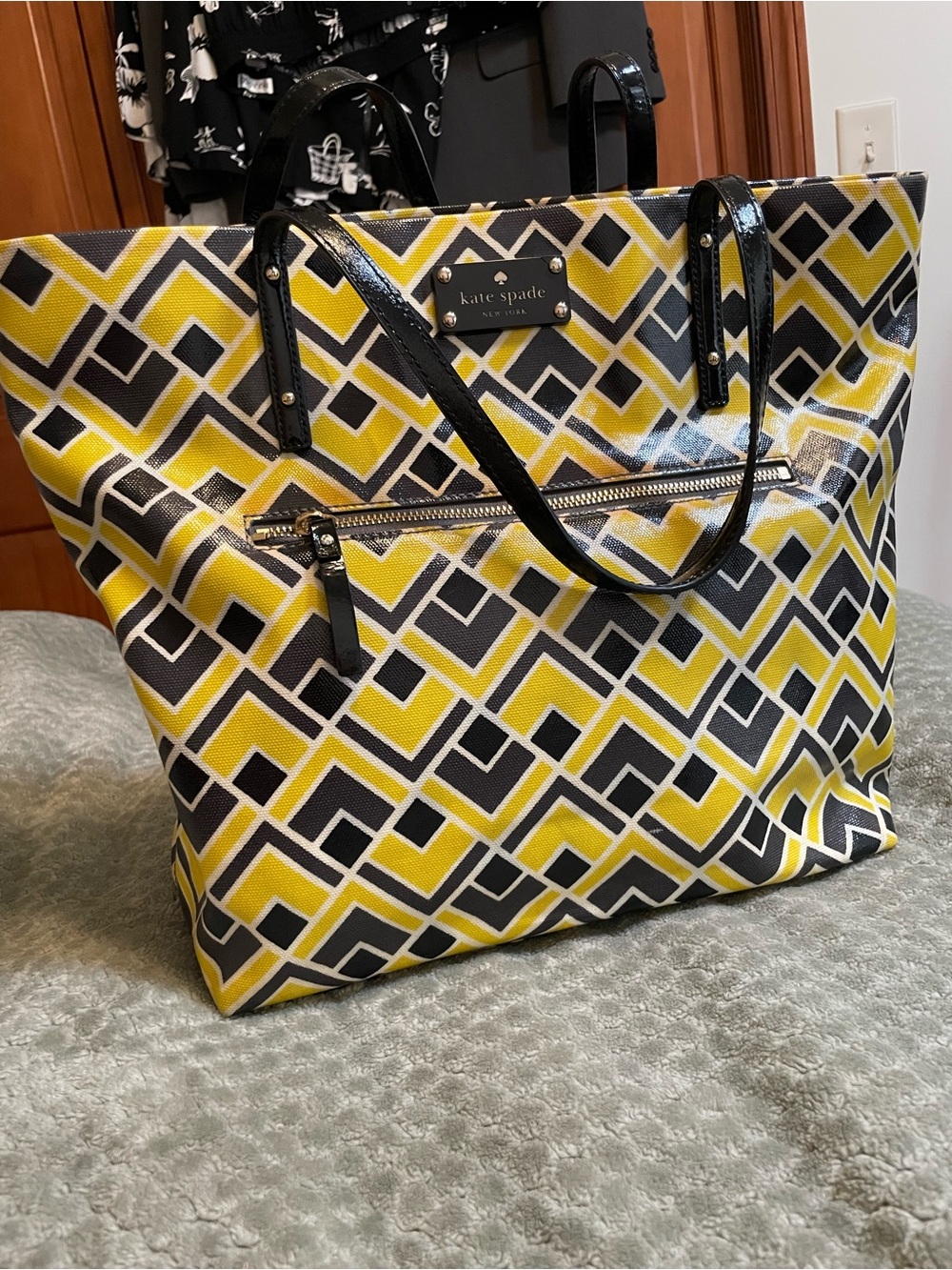 kate spade Yellow and Black Geometric Coated Canvas Tote Bag